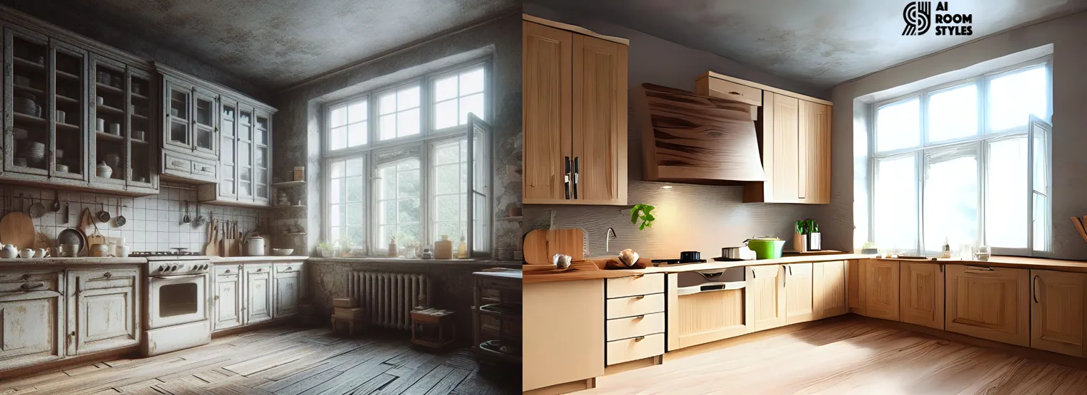 A random generation of a wooden, natural kitchen